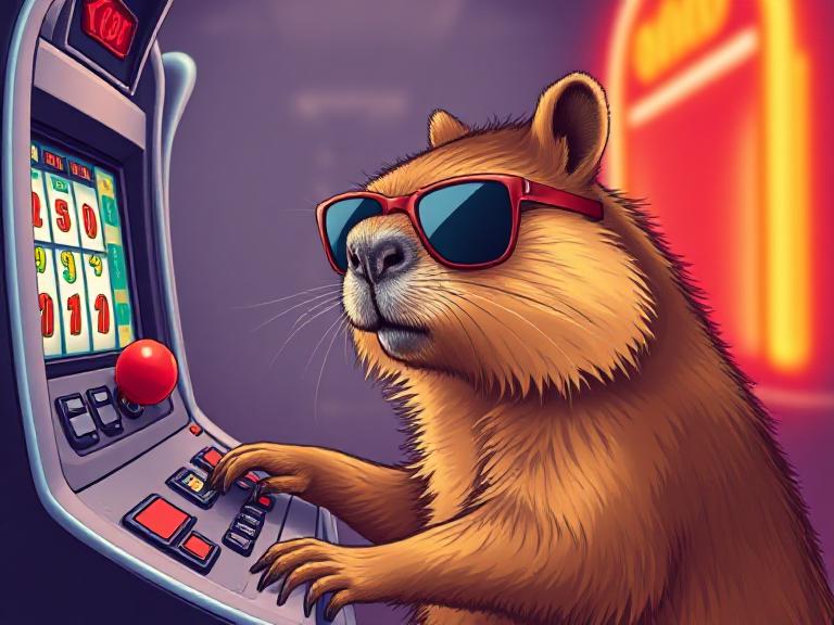 Cool capybara wearing sunglasses playing a slot machine