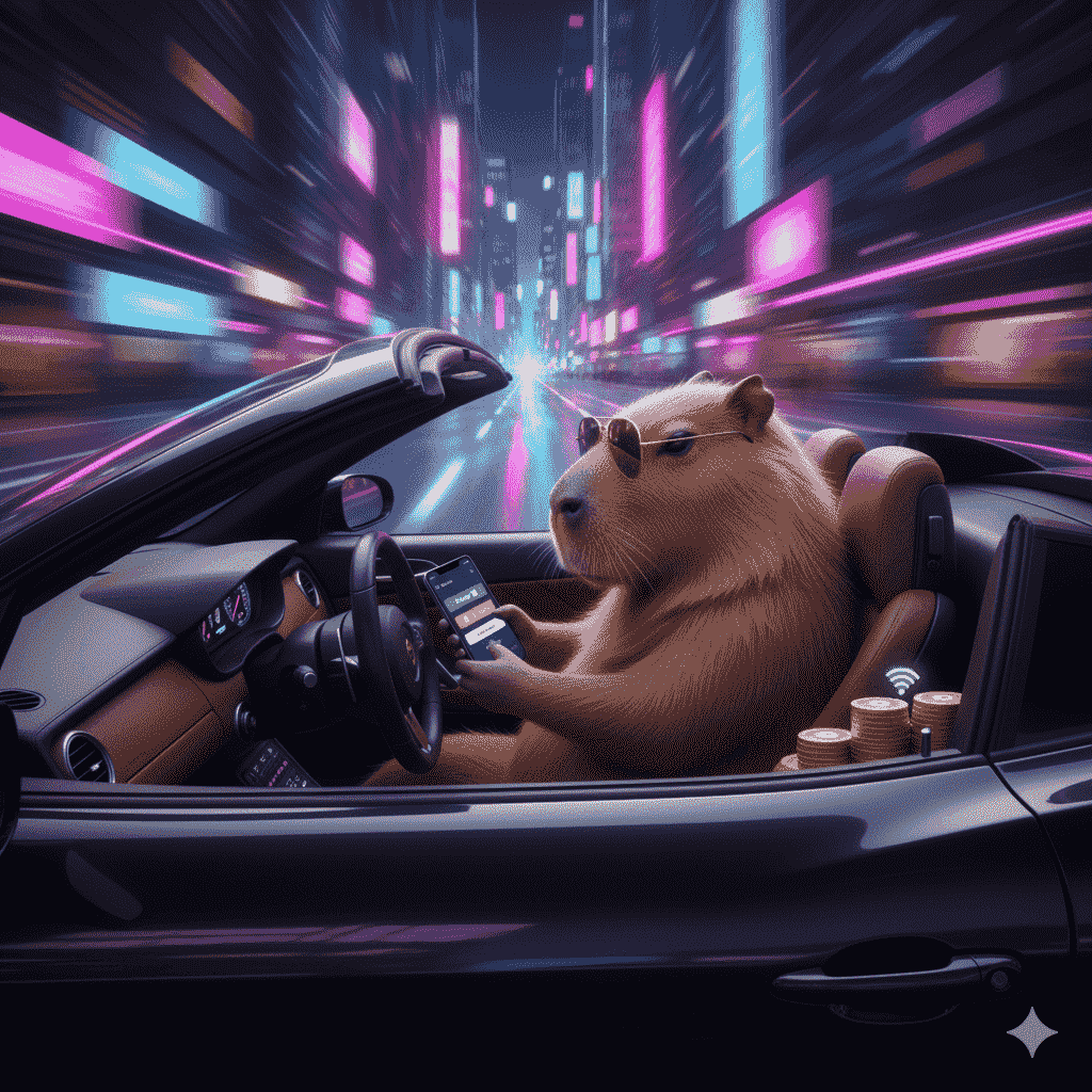 Capybara in sunglasses logging into Spinbara Casino app on a smartphone while driving car